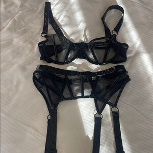 Black Mesh Strappy Underwire Bra & garter belt set